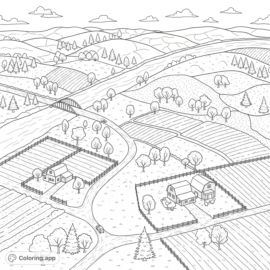 Explore a whimsical countryside aerial map coloring page! Featuring a winding river, rolling hills, charming farmhouses, and playful details for kids to bring to life.