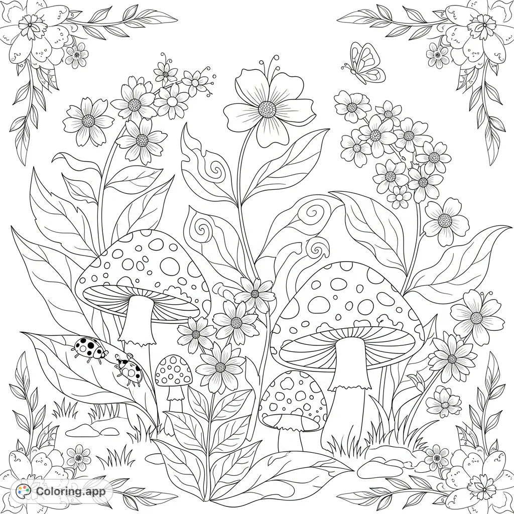 Explore a whimsical garden coloring page filled with intricate flowers, charming mushrooms, and tiny insects, offering a delightful escape for all ages.