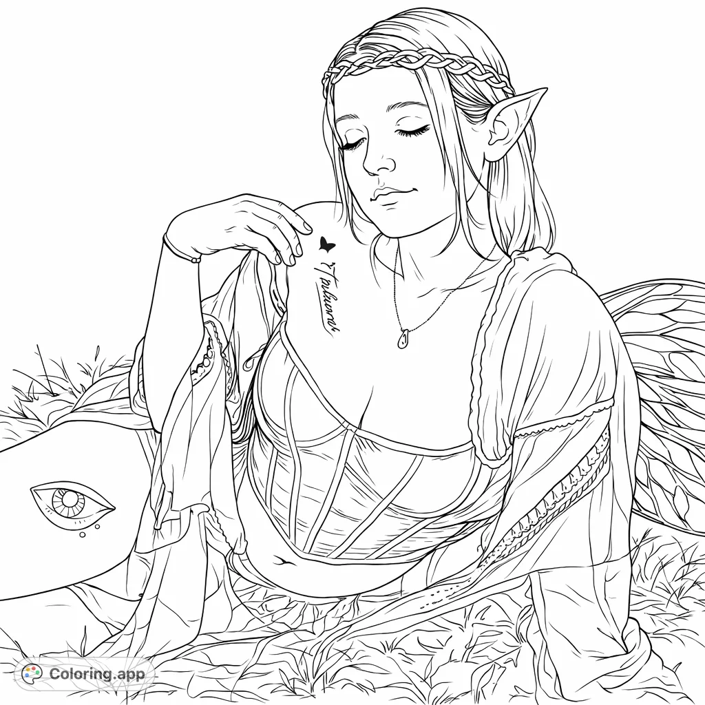 An enchanting elf figure with delicate wings and a regal circlet rests peacefully in a serene meadow, offering a magical coloring experience for fantasy lovers.