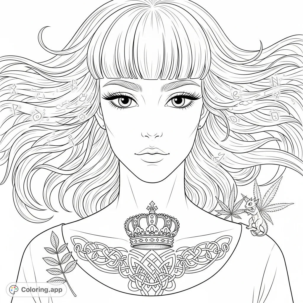 A captivating portrait coloring page featuring an individual with long wavy hair, expressive eyes, and an intricate crown crest tattoo on their chest. Ideal for detailed coloring.