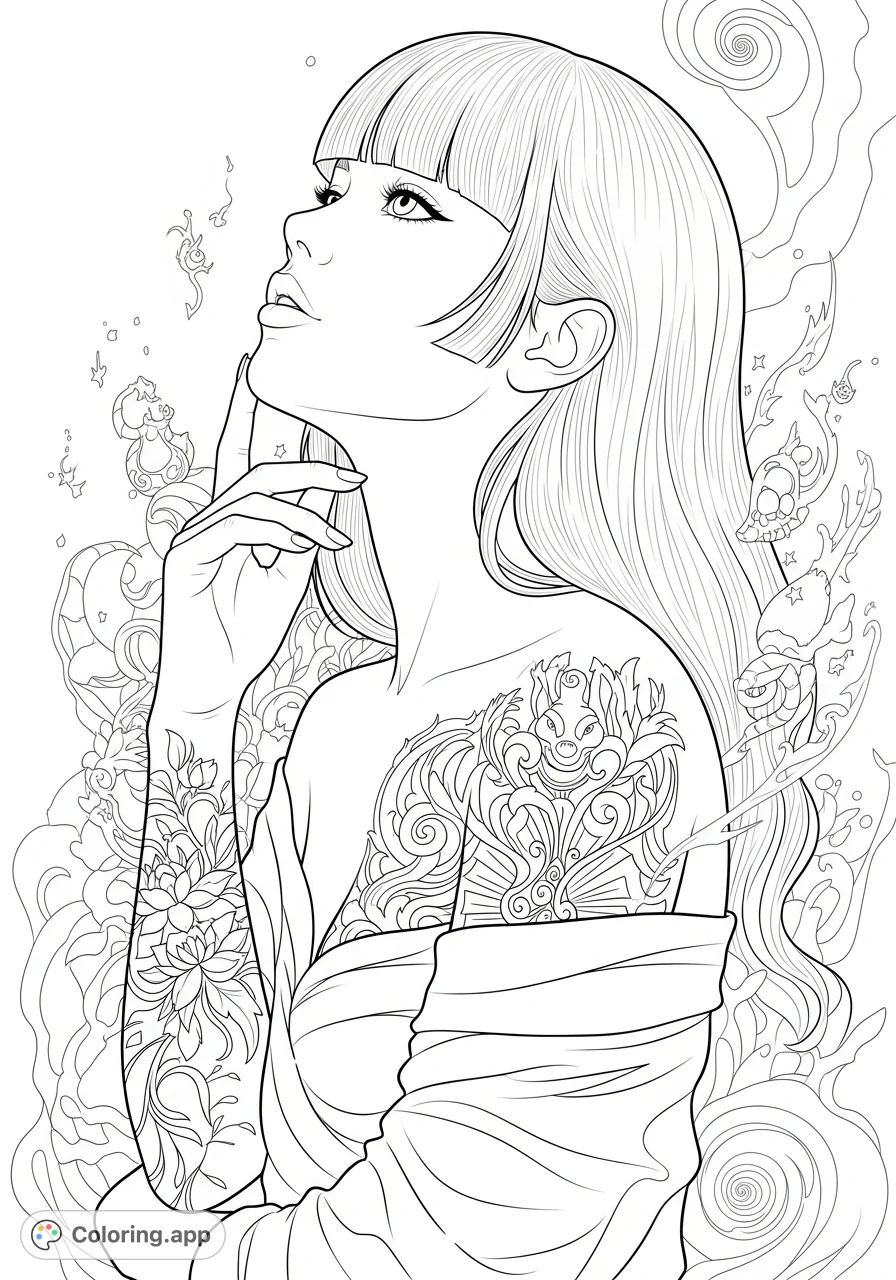 An elegant portrait of a woman featuring intricate floral and abstract tattoos, flowing hair, and an off-shoulder garment, set against subtle abstract shapes.