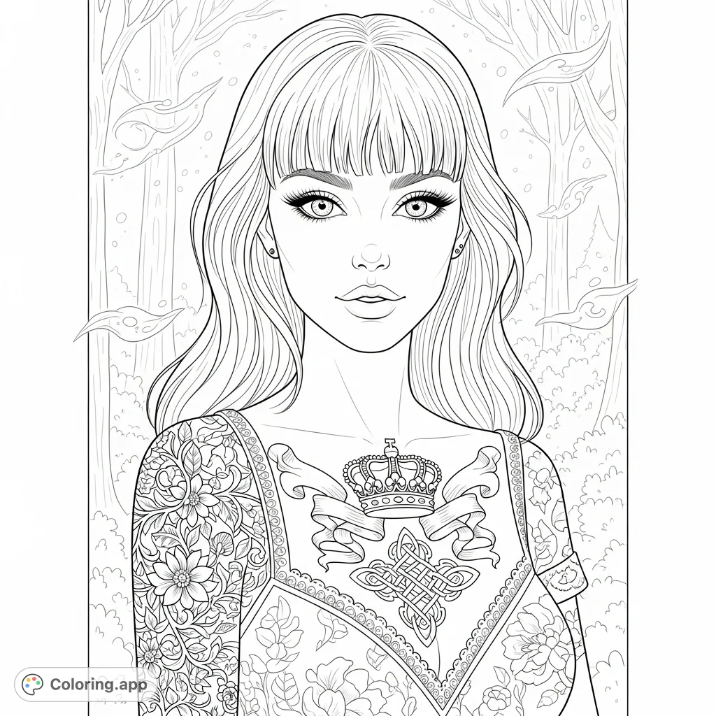 An alluring witch portrait with flowing hair, intricate floral patterns on her top, and elaborate crown and Celtic knot tattoos. A captivating free printable coloring page.