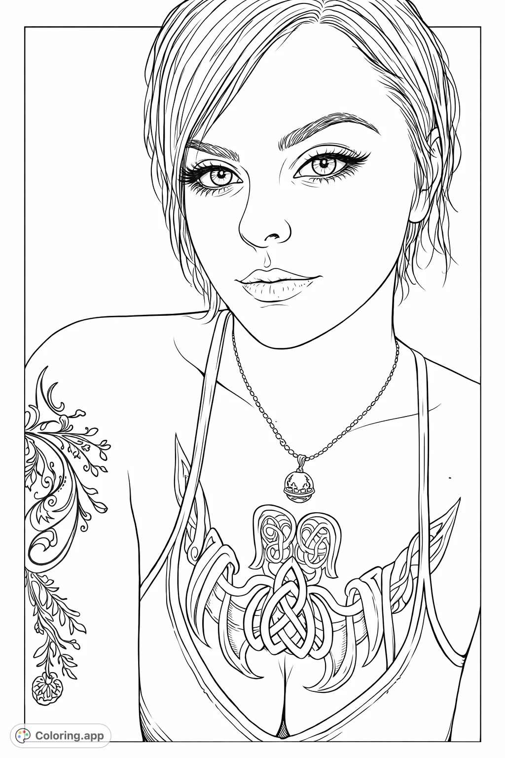 An engaging portrait of a woman featuring intricate chest and arm tattoos, a delicate necklace, and expressive features, perfect for detailed coloring.