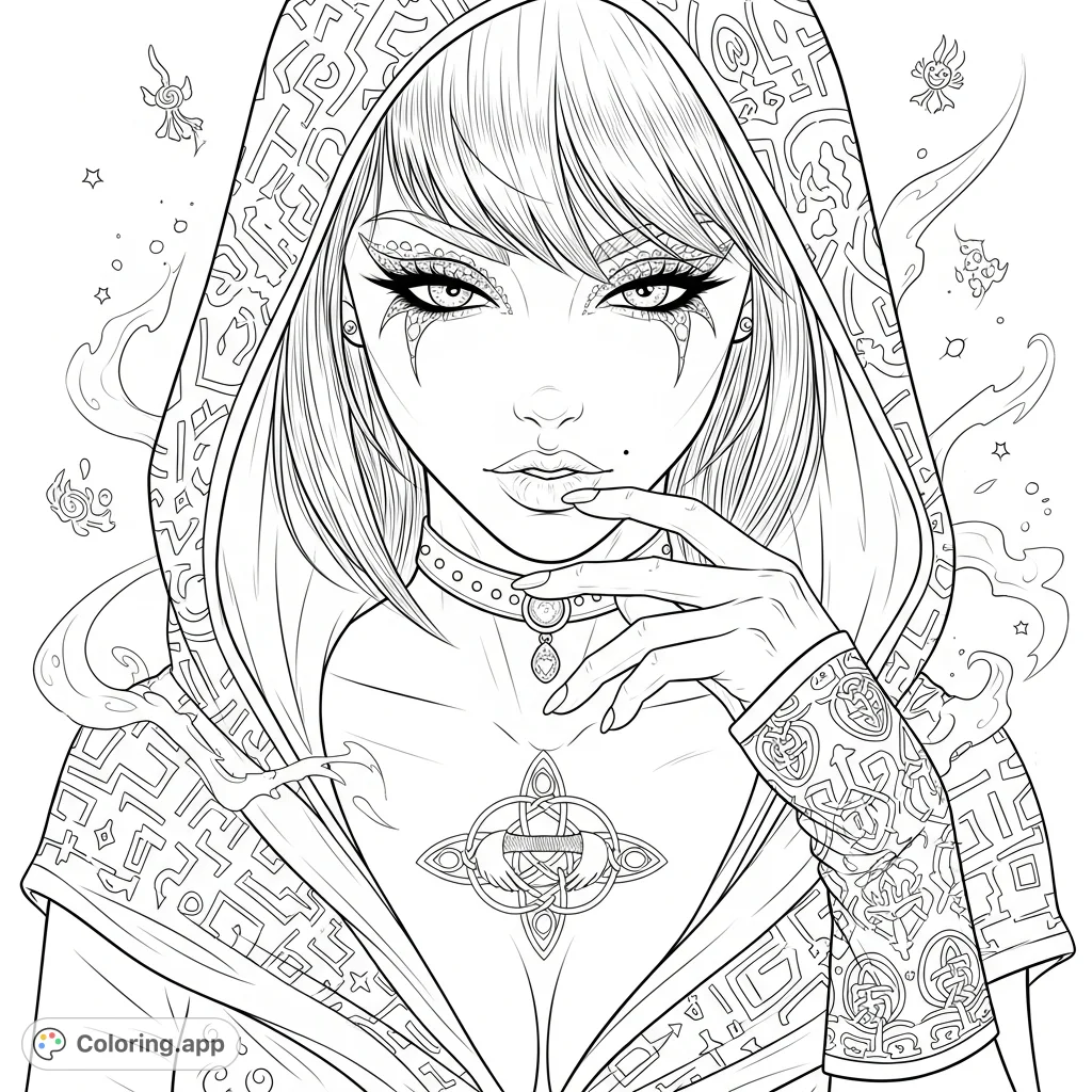 An alluring portrait of a Latin female in an occult-style hooded garment, with distinct eye makeup and a detailed Celtic Claddagh tattoo.