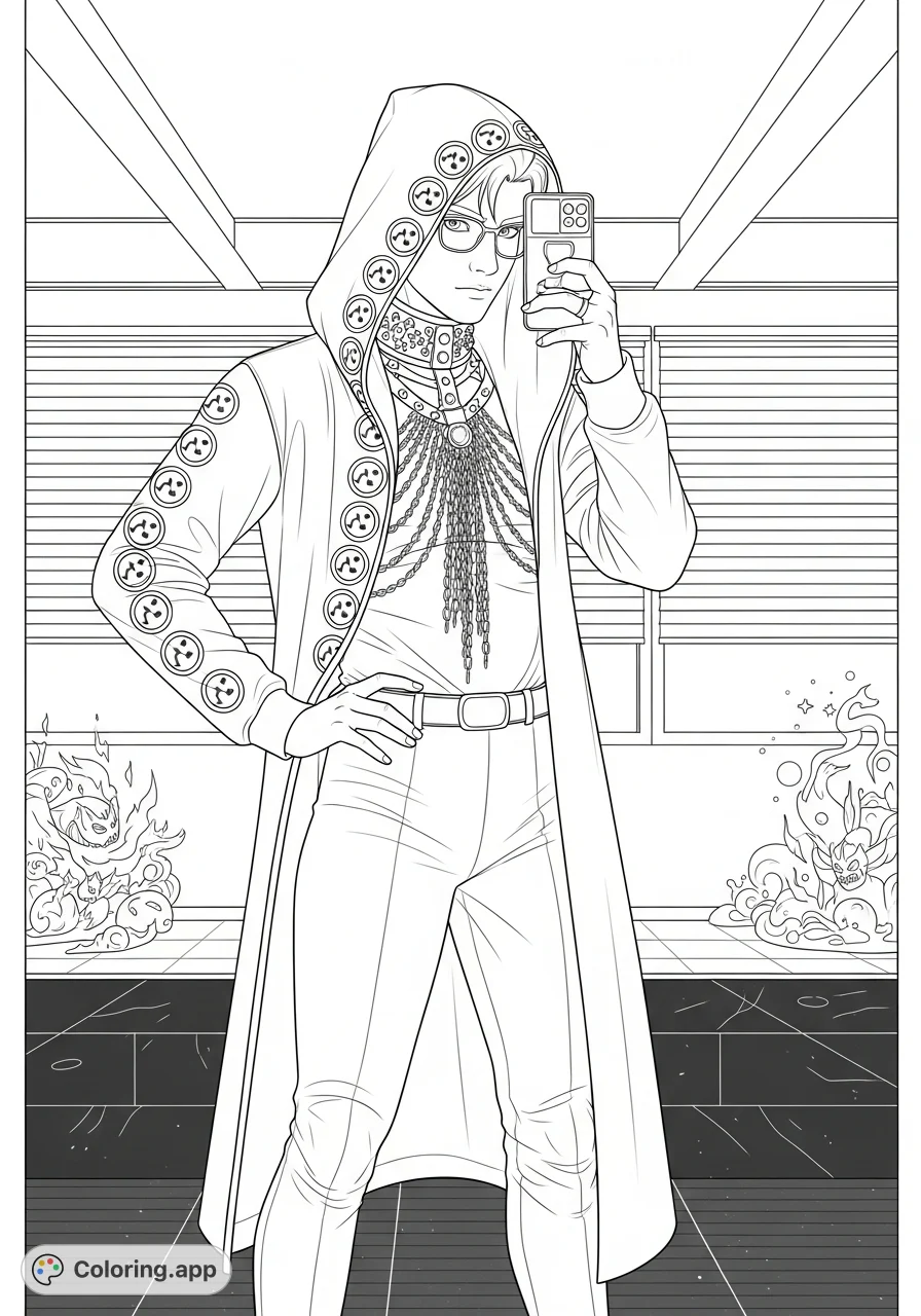 A mysterious figure in a detailed hooded jacket with stylized symbols and intricate chain ornamentation, captured in a reflective surface. Perfect for mindful coloring.