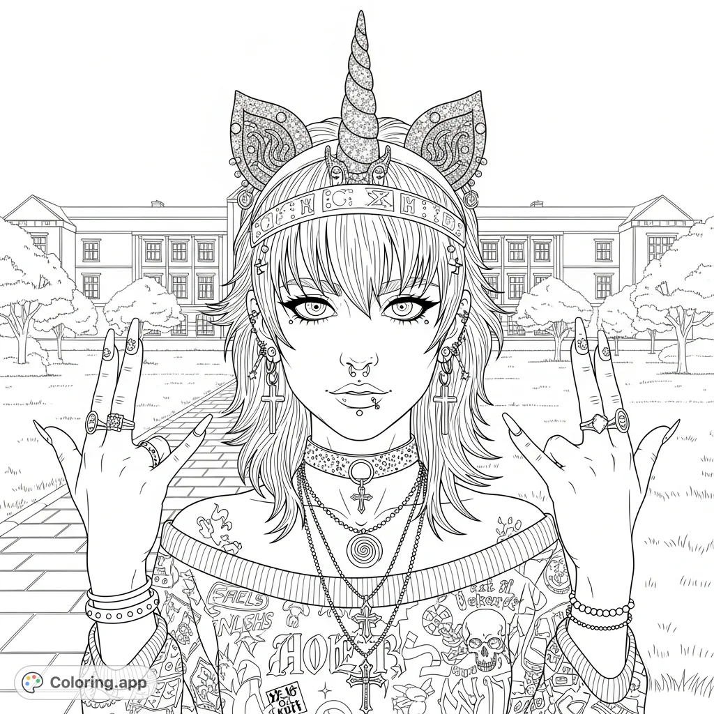Color a stylish young person with a unicorn horn, piercings, and intricate jewelry, set against an urban backdrop with a building and trees.