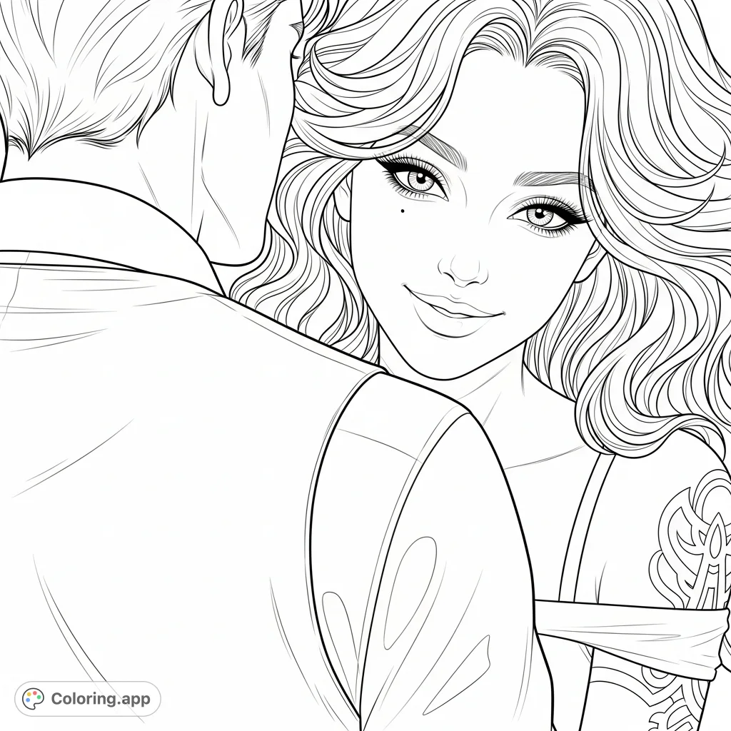 An intimate close-up portrait coloring page featuring two individuals in a tender embrace, rich with detailed facial features, elegant hair, and subtle garment textures.