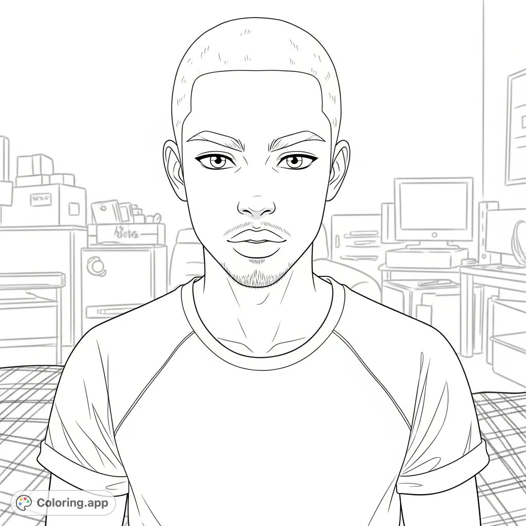A detailed coloring page featuring a forward-facing portrait of a biracial young man with defined hair and a unique two-part t-shirt, set indoors.