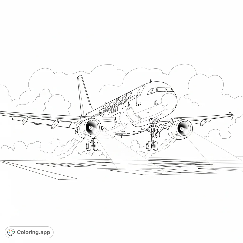 A detailed Spirit Airlines A320 NEO coloring page featuring the aircraft landing on a foggy runway, illuminated by bright landing lights.