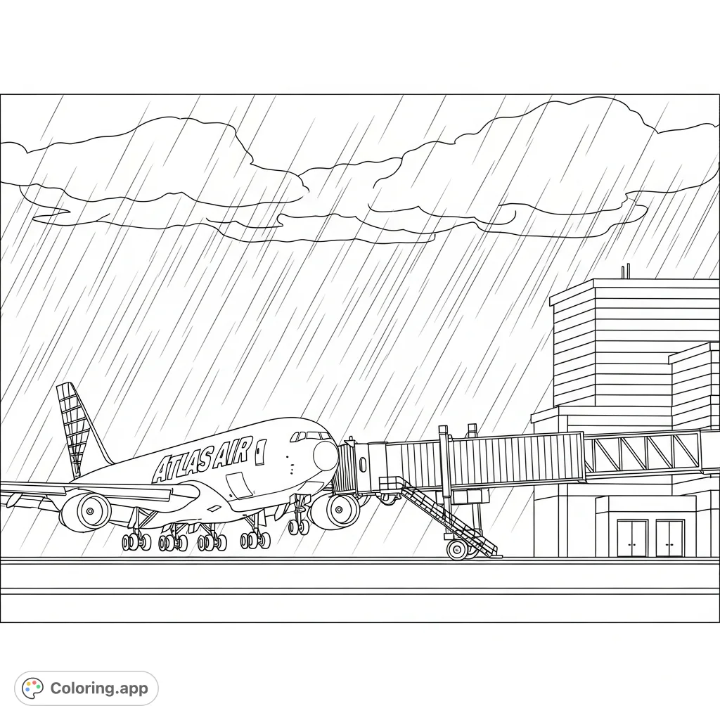 An Atlas Air jumbo jet lands at an airport during a storm, with a jet bridge visible. A dynamic airplane coloring page.