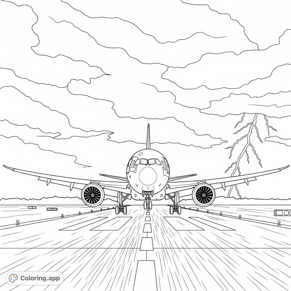 An Ethiopian Airlines Boeing 787 lands on a runway during a dramatic stormy night, with lightning striking in the distance. Perfect for aviation enthusiasts.