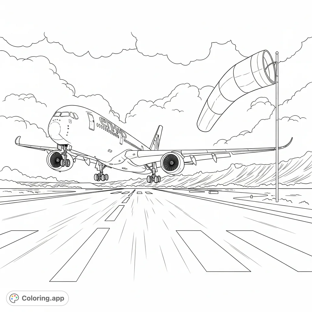 A detailed Etihad A350-900 airplane coloring page landing gently on a storm-battered airport runway, with a wind sock battling turbulent gusts. A challenging aviation scene for enthusiasts.