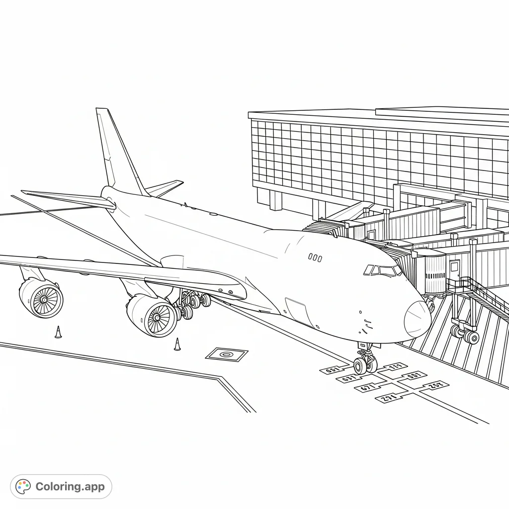 Color a powerful National 747-8F cargo plane connected to a terminal building by a jet bridge, ready for departure or arrival at a busy airport.