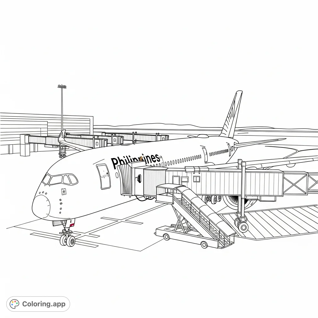 An exciting Philippines Airlines A350-1000 aircraft awaits at an airport gate, connected by an open jet bridge, ready for departure. A detailed airport scene.