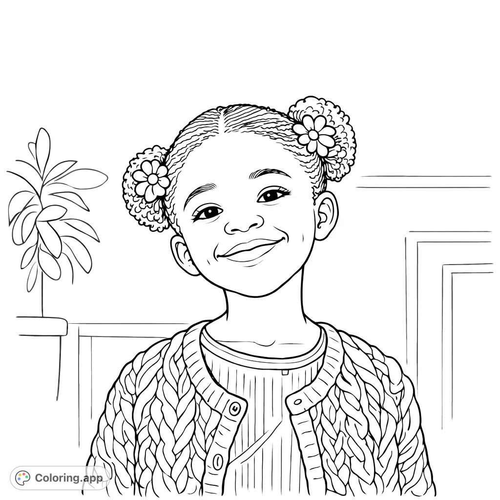 A delightful portrait of a smiling young girl with playful hair buns and a cozy cardigan, offering a cheerful and engaging experience for young colorists.