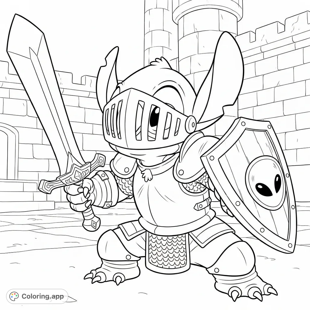 Stitch from Lilo & Stitch, a formidable knight, stands ready in detailed armor, wielding a sword and shield in a dynamic, crouched fighting pose.
