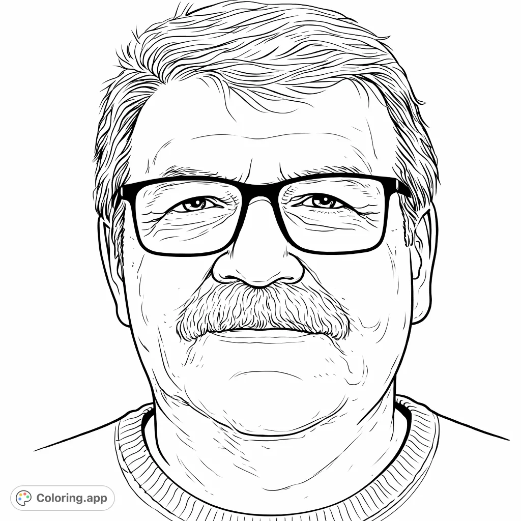 A striking portrait of an older man with distinguished features, including glasses and a full mustache, perfect for detailed coloring.