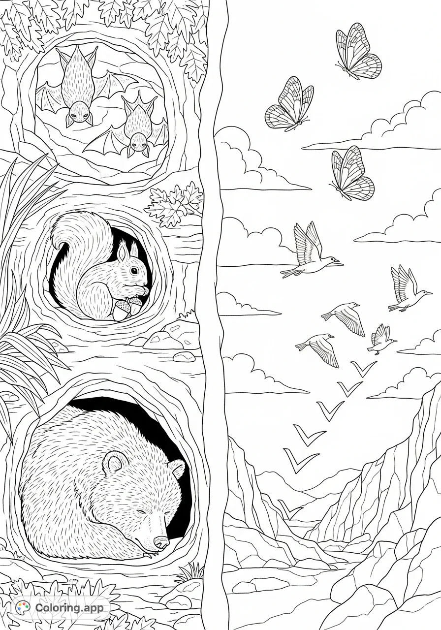 Discover animal life cycles with this captivating hibernation and migration coloring page. Features cozy hibernators and majestic migrating creatures in nature.