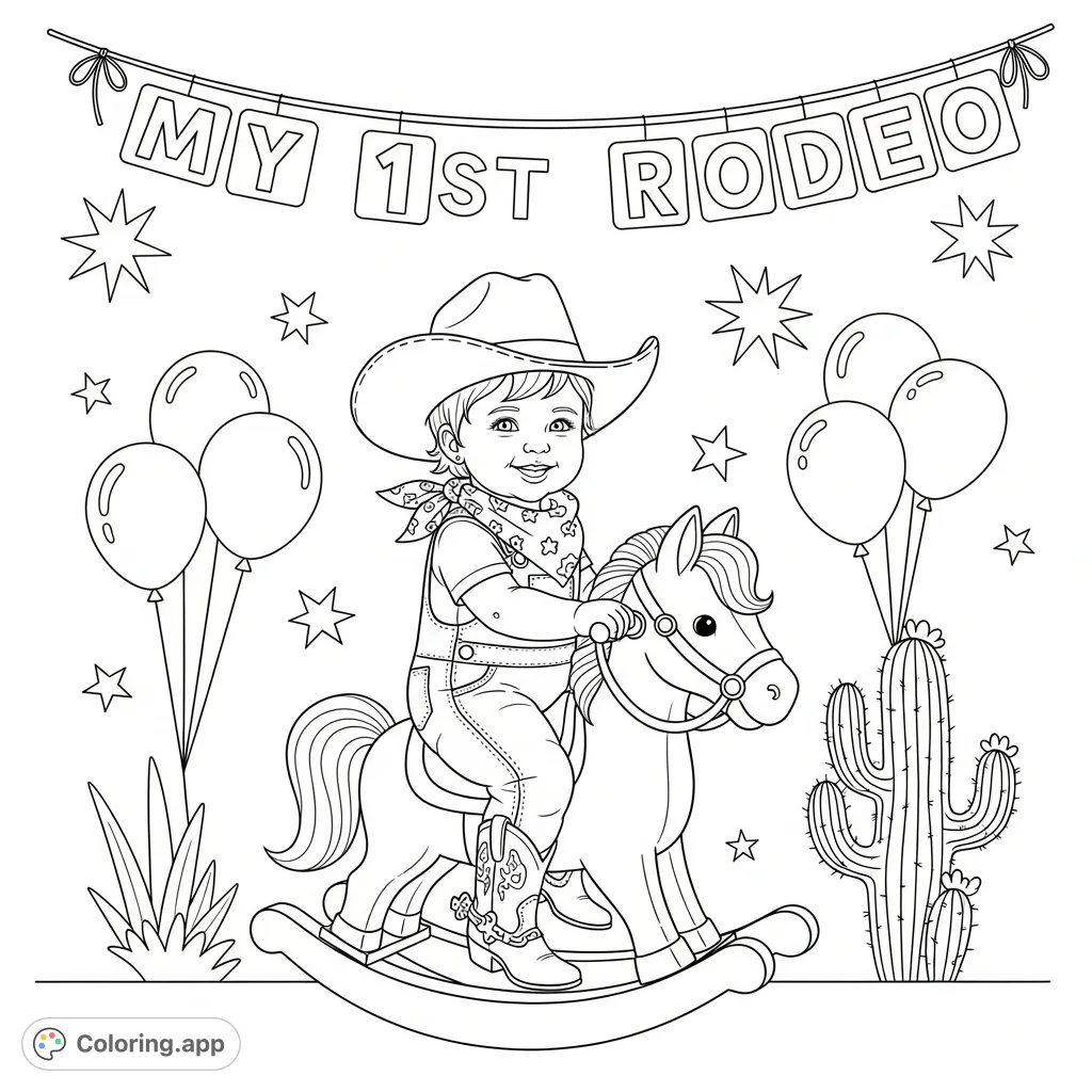 A joyful toddler on a detailed rocking horse, sporting a cowboy hat and boots, beneath a "My 1st Rodeo" banner amidst festive balloons and stars.