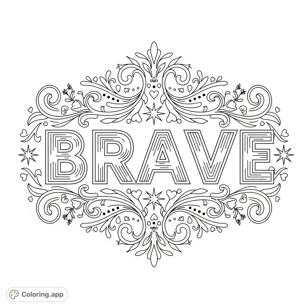 An empowering "Brave" coloring page featuring bold lettering surrounded by intricate scrollwork, delicate florals, and celestial motifs for creative expression.