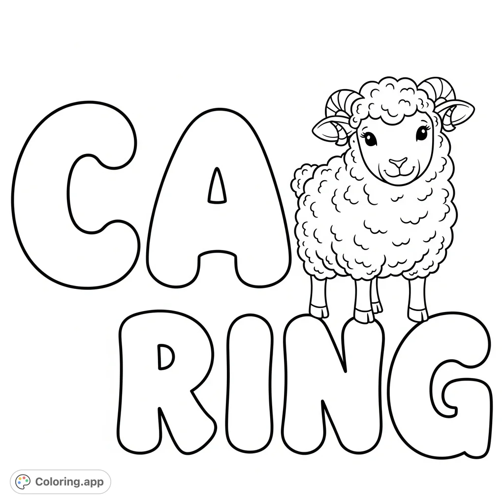 A heartwarming 'CARING' bubble letter coloring page with a cute, fluffy sheep nestled inside. Perfect for teaching kindness and developing motor skills!