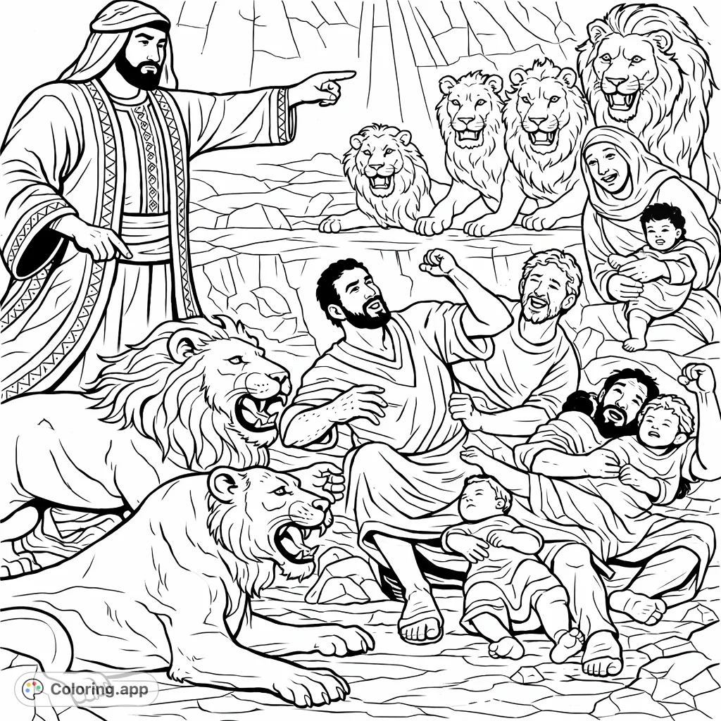 A powerful lions den coloring page depicting a robed figure, men struggling against attacking lions, and a group of huddling women and children.