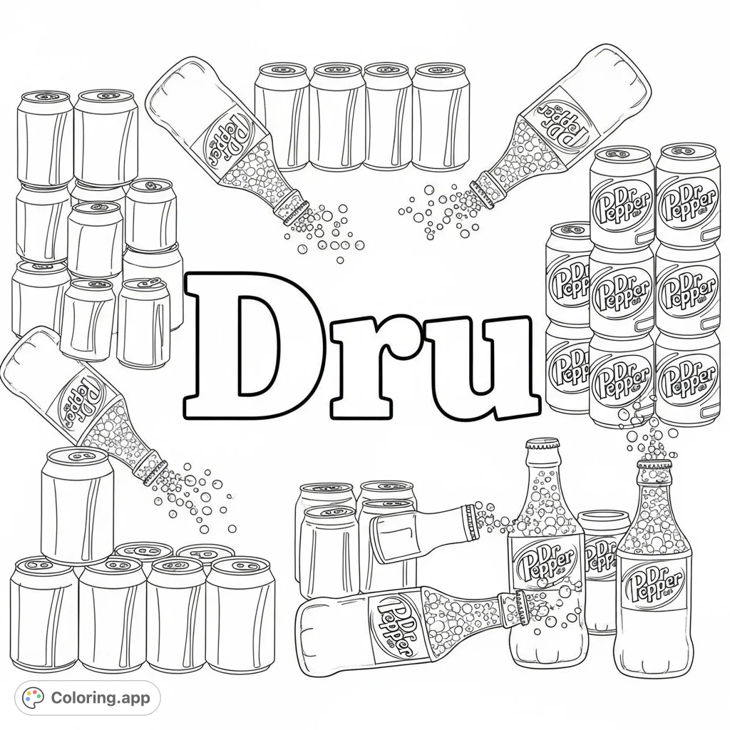A fun Dr. Pepper coloring page featuring the name 'Dru' surrounded by an array of soda cans, bottles, and effervescent bubbles.