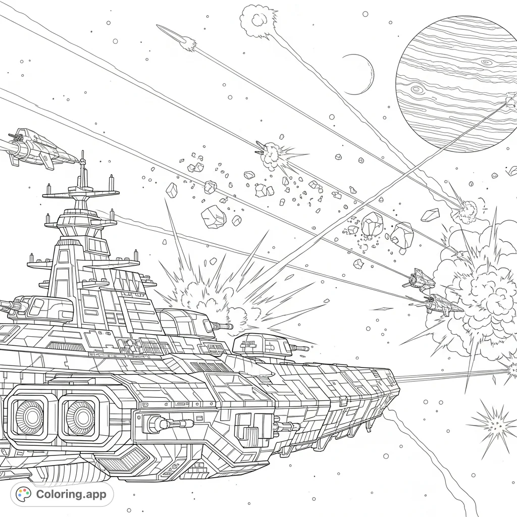 Engage in an epic sci-fi military spaceship space battle! Intricate vessels clash amidst laser fire, with a majestic distant planet as a backdrop.