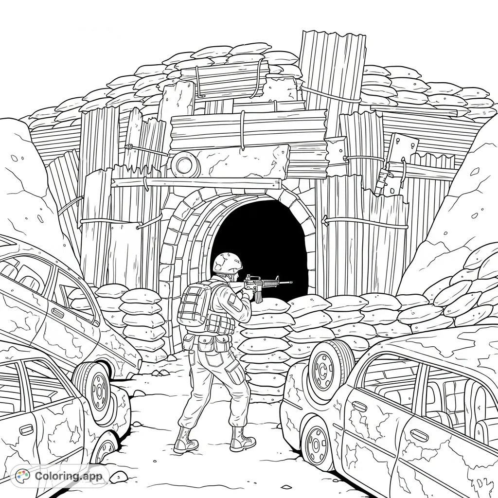 A soldier with a rifle stands guard at a fortified tunnel entrance, surrounded by ruined cars, a barricade, and sandbags, ready for an intense confrontation.