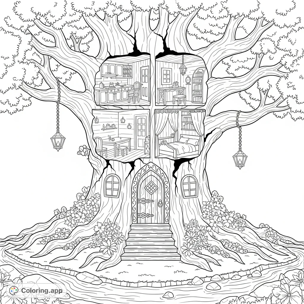 Explore a magical ancient oak tree home, revealing a fairy kitchen, bedroom, and library, with hanging lanterns, flowers, and a winding creek.