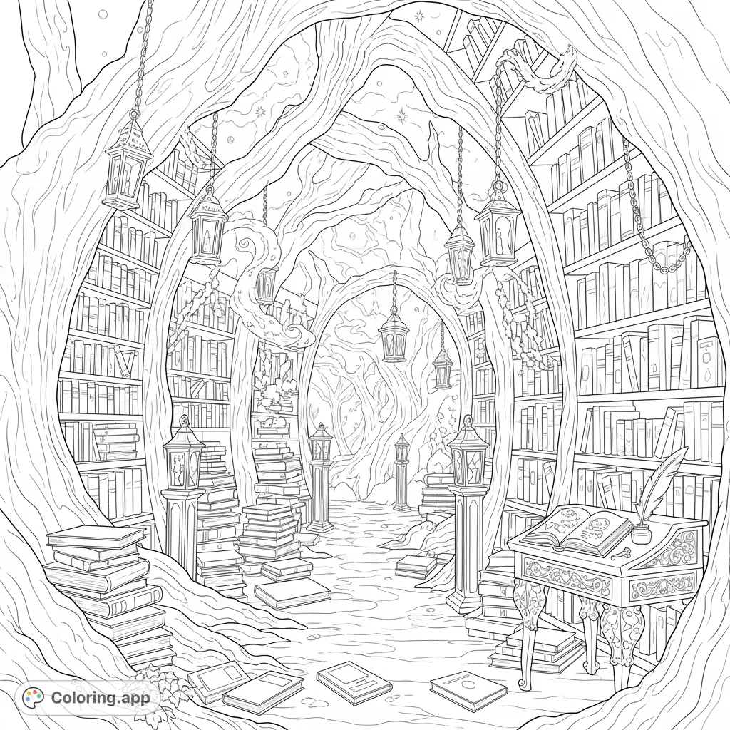 Magical Library Coloring Enchanted Oak Tree Library - Coloring.app