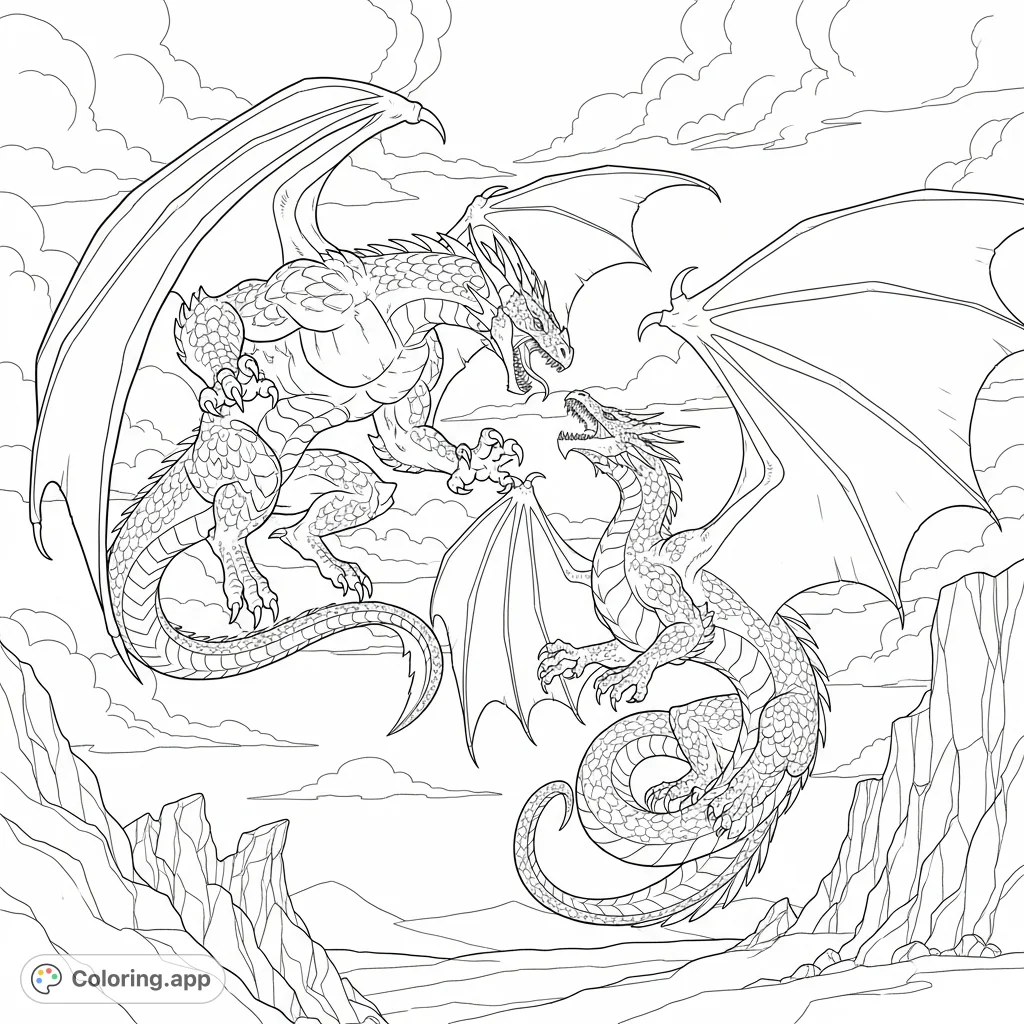 Experience an epic Wings of Fire dragon battle with this free printable coloring page. Two powerful dragons clash amidst a jagged, turbulent landscape.