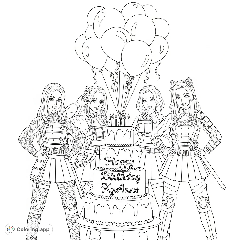 Three Kpop demon hunter girls, Rumi, Mira, and a friend, celebrate KyAnne's birthday with a decorated cake and festive balloons. A unique blend of action and party fun!