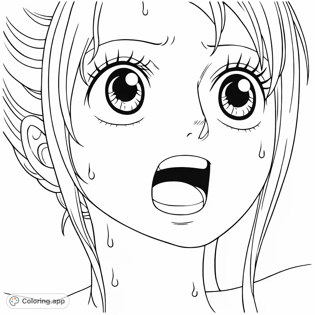 Color an anime character with a wide-eyed, surprised expression and flowing hair, perfect for fans of Japanese animation and detailed portraits.