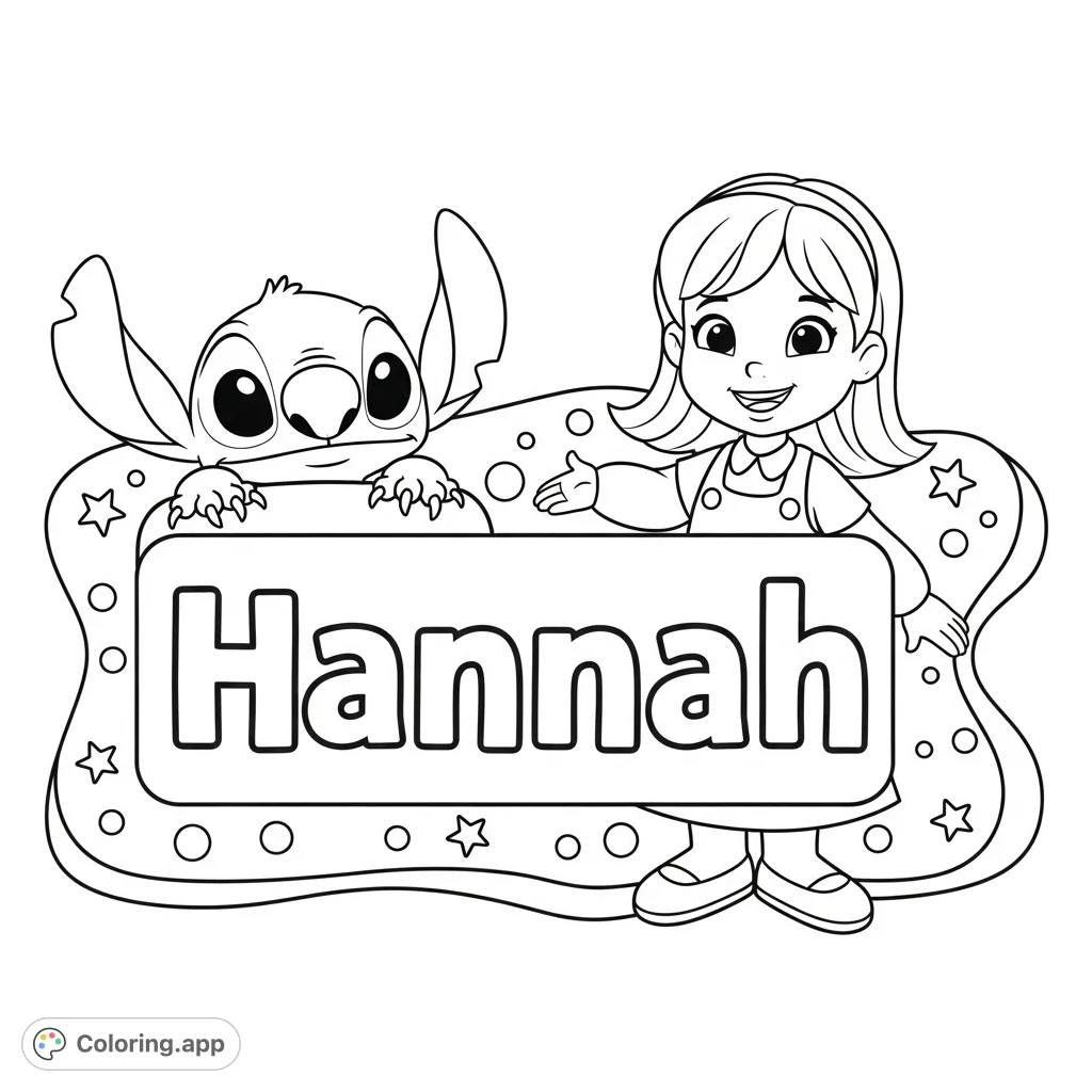 A delightful free printable Hannah and Stitch coloring page for kids, featuring the cheerful girl alongside everyone's favorite alien, Stitch, on a customizable name tag.