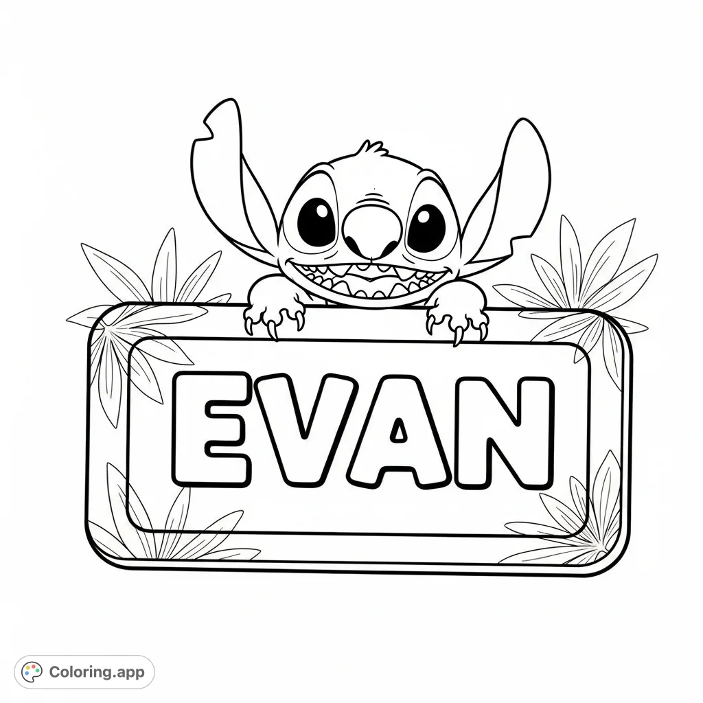 A fun, customizable name tag featuring Disney's Stitch playfully interacting with the name "Evan". Perfect for personalizing belongings or events!