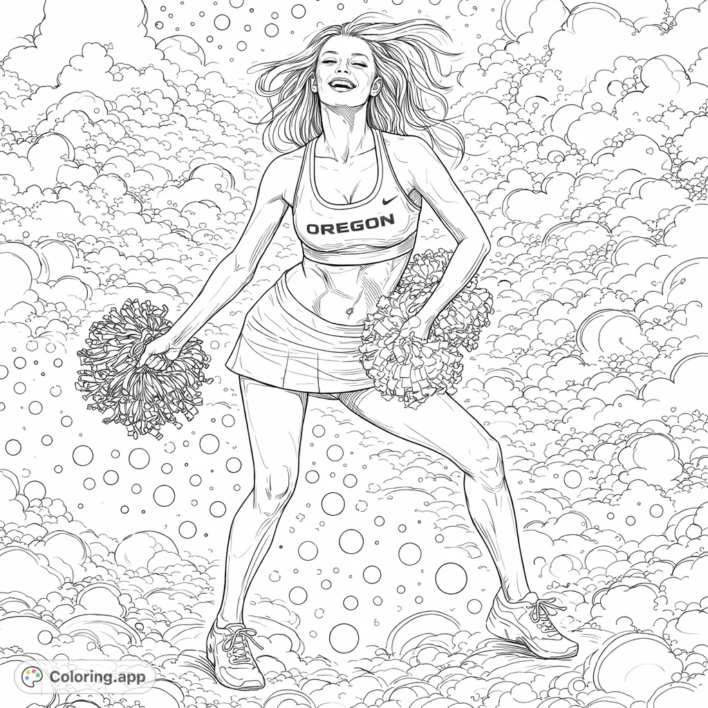 Capture the vibrant energy of a cheerleader in action on a polka-dotted court. This realistic coloring page offers intricate details and a surreal touch for creative colorists.