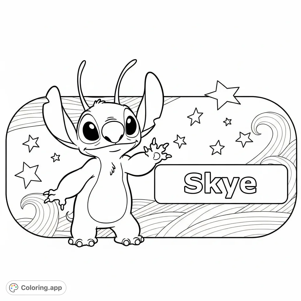 An adorable Angel from Lilo and Stitch waves cheerfully on a name tag featuring the name 'Skye,' surrounded by whimsical waves and stars. Perfect for fans!