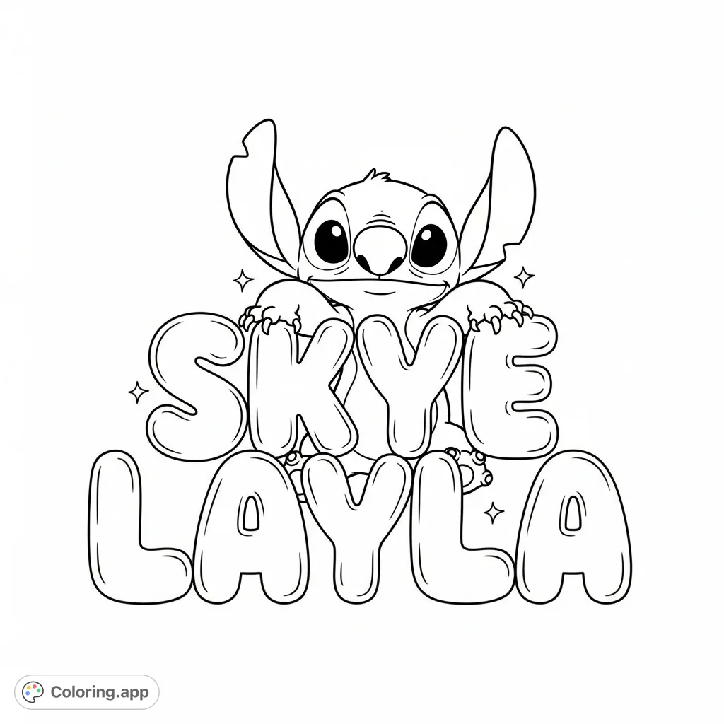 A delightful Stitch design featuring Stitch playfully interacting with large bubble letters spelling 'Skye Layla'. Perfect for fans of the mischievous alien!