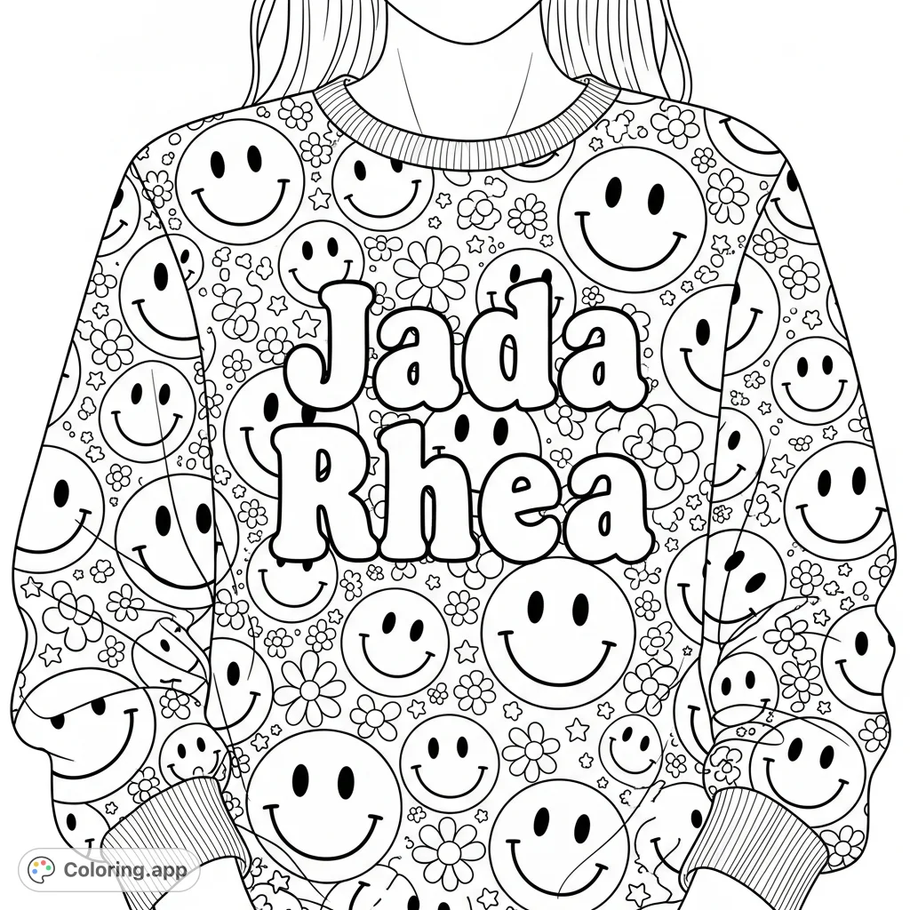 Color a fun sweatshirt featuring 'Jada Rhea' and a cheerful all-over pattern of smiley faces, stars, and flowers. A unique personal design waiting for your creative touch.
