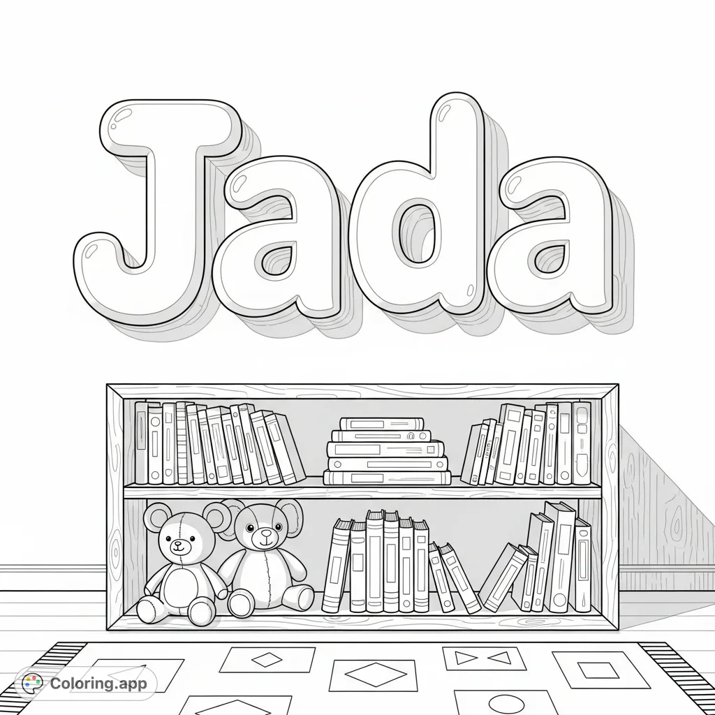 A charming coloring page featuring robust bubble letters spelling "Jada" on a wall, a wooden shelf with storybooks and plush toys, and a patterned rug.