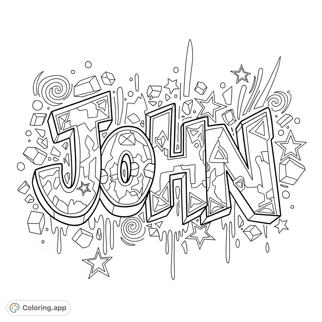 Explore the dynamic John graffiti street art coloring page. Bold letters with intricate patterns, geometric shapes, stars, and abstract swirls create an energetic, urban masterpiece.