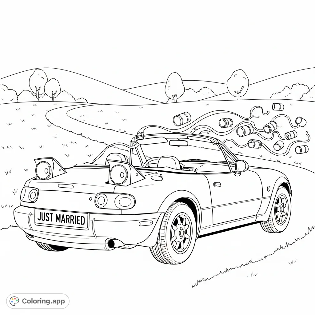 Celebrate love with a classic Mazda Miata, featuring popup headlights and "JUST MARRIED" decorations. A fun and nostalgic car coloring page!