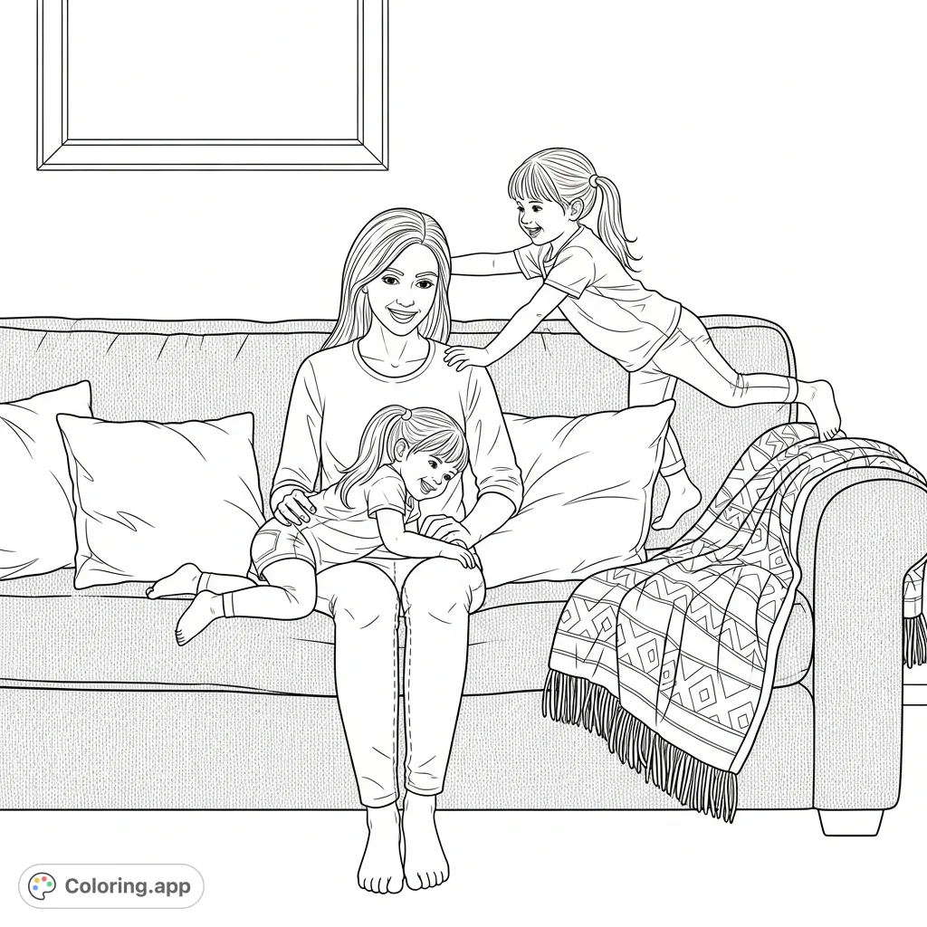 A heartwarming and humorous family bonding coloring page featuring a mother playfully overwhelmed by her two energetic daughters vying for her attention on a cozy sofa.