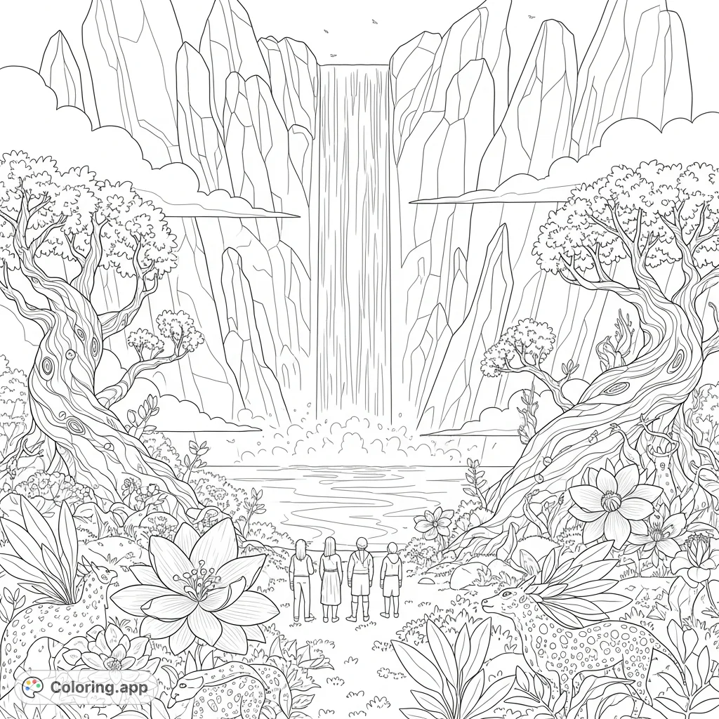 Explore a mesmerizing alien planet waterfall cascading into a mystical magician forest, filled with exotic flora, unique fauna, and awe-struck figures.