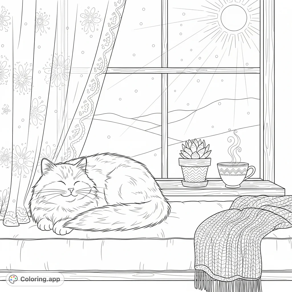 A charming coloring page featuring a fluffy cat napping peacefully in a sun-drenched window seat, surrounded by cozy details and a serene landscape view.