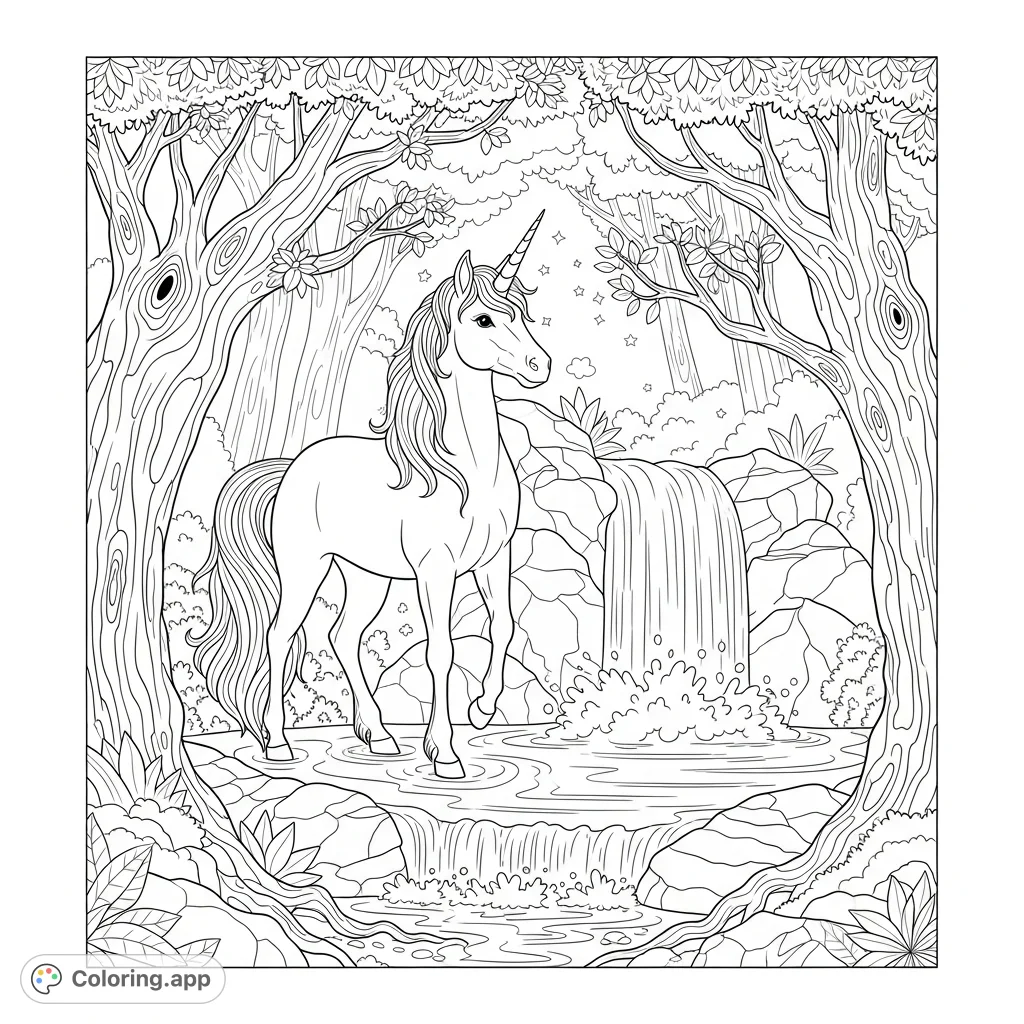 Discover a majestic Unicorn near a magical forest waterfall. This enchanting coloring page invites you to bring a wondrous fantasy scene to life.