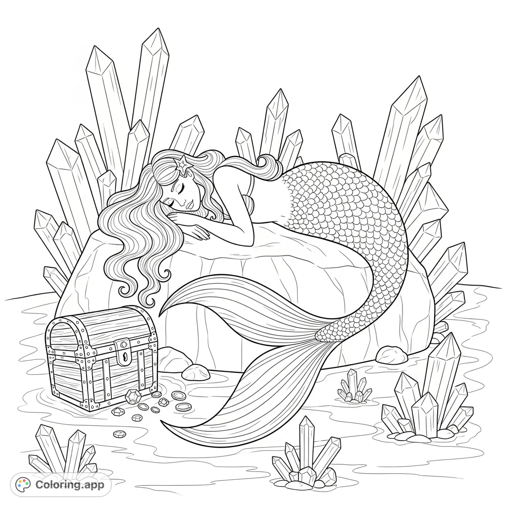 A serene fantasy coloring page featuring a dreaming mermaid amidst sparkling crystals and a hidden treasure in a tranquil lagoon. Perfect for relaxation and creativity!