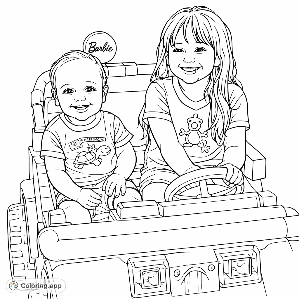 Two cheerful children enjoying a ride in their toy jeep. This delightful coloring page captures a moment of joy, perfect for young adventurers to personalize.