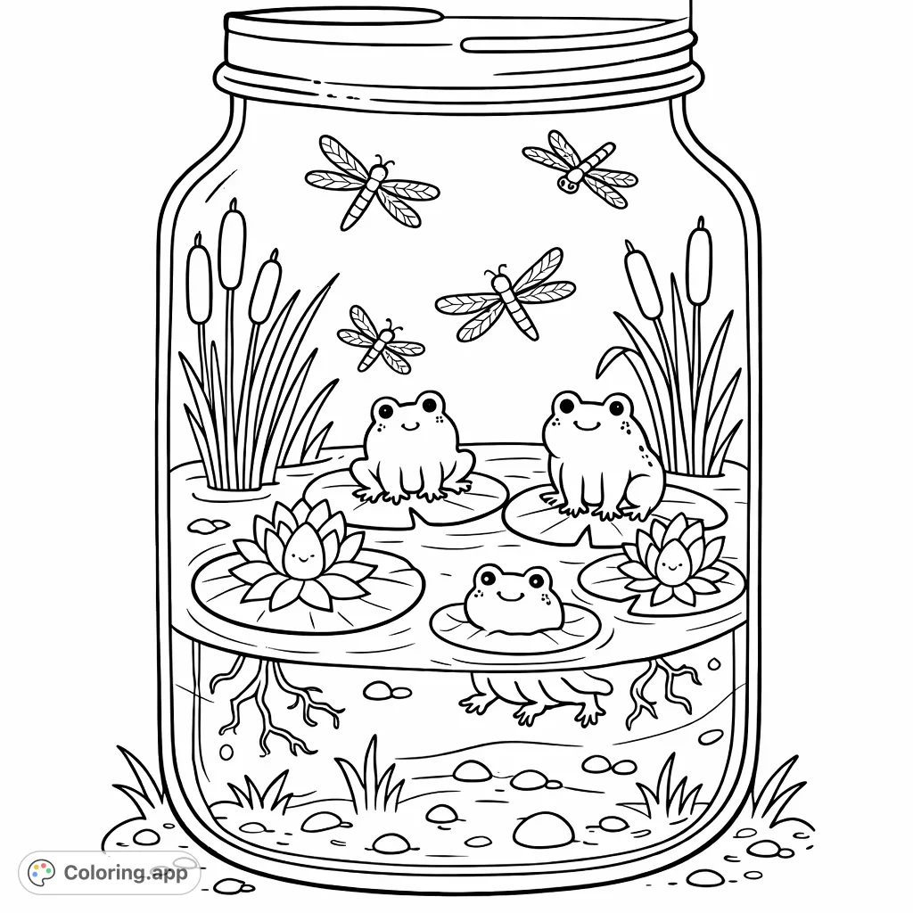 Dive into a whimsical jar pond scene with cute frogs, dragonflies, and lily pads. A delightful nature-themed coloring page for all ages.